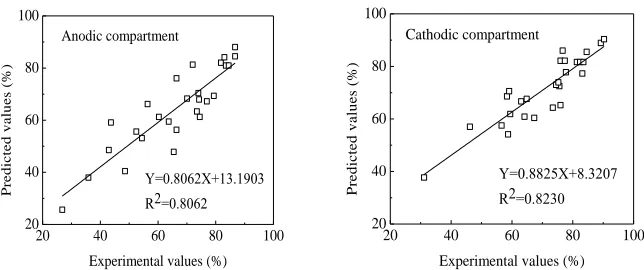 Figure 1.  Comparison between the experimental and predicted values of the degradation efficiency 