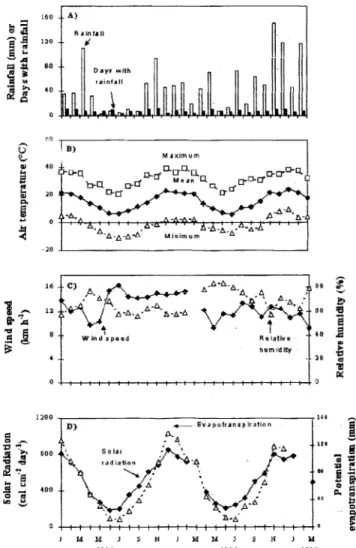 Fig.  1.  A)  Monthly  rainfall (mm)  and number of rainy  days,  B)  Absolute minimum  and maximum  and mean  monthly  air temperatures  (°C)  to  0,25  m  above  the  soil  surface,  C)  Mean  monthly  wind speed (km houf1)  to  2  m above the  soil  sur