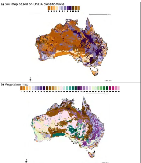 Figure 3. The soil (a) and vegetation (b) map classes used in CMESYS for Australia. 