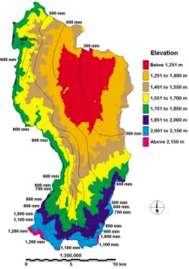 Fig. 1. Elevation (shaded polygons) and annual precipitation (line contours) of Reynolds Creek Experimental Watershed in southwestern Idaho.