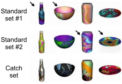 Figure 4. Standard (top two rows) and catch (bottom row) patterns for each object type 