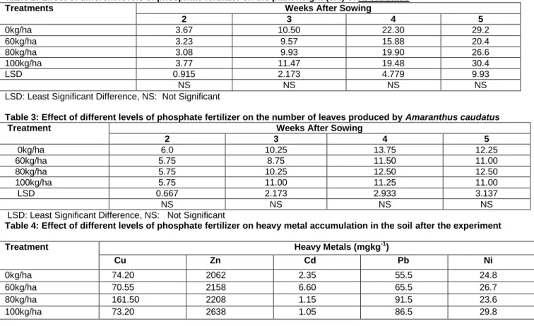 Table 2: Effect of different levels of phosphate fertilizer on the plant height (cm) of A