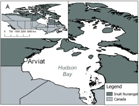Fig. 1 Location of our study site, community of Arviat, Nunavut,Canada. Map produced by authors with data from Indigenous andNorthern Affairs Canada (2017) and Statistics Canada (2016)