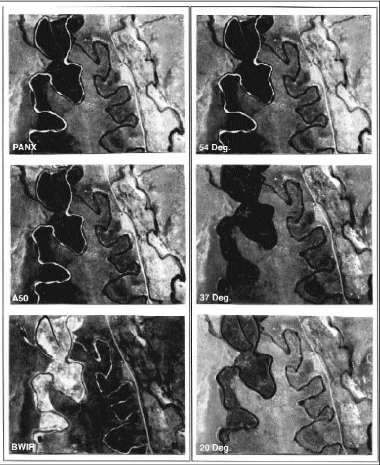 Fig. 3. A part of the study area as depicted by the 3 black-and-white films (left) and the 3 solar angle conditions using PANX (right).