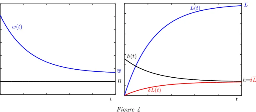 Figure 4Optimal time path for wages (left); hirings and employment (right)