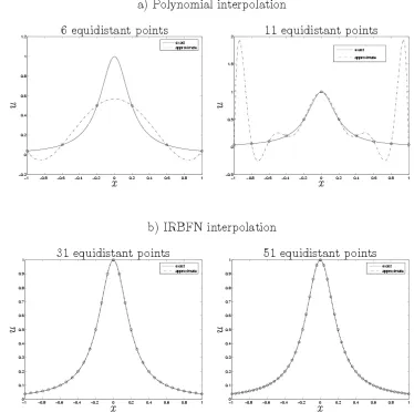 FIGURE 1.  Function interpolation: Runge's phenomenon. It is noted that the approximate function is plotted using  501 uniformly-distributed points