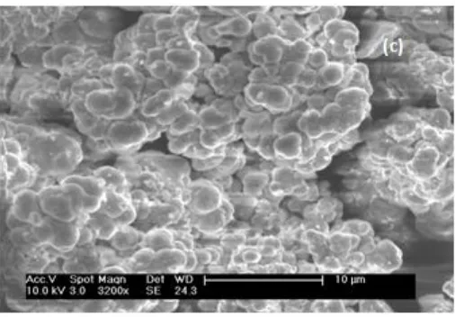 Figure 3. SEM images of YSZ powders with yttria content 8 wt. % sintered; a) at 800°C, b) at 1000°C and c) at 1200°C