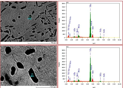Figure 2. EDX Analysis of the α-phase of alloys I (upper) and II (lower). 