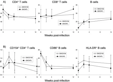 FIG. 6. Changes in LN cell phenotype after infection with SIV vectors. Rhesus macaques were infected with SIVCD154 (open diamonds) orSIVCNTL (solid squares); LN biopsies were performed before and after infection, and LN cells were analyzed by ﬂow cytometry