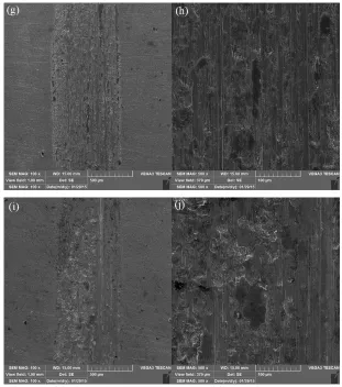 Figure 8. SEM images of wore surface morphologies on Ni-P coatings under different concentration of La3+ and a load of 5 N (left: 100X; right: 500X) (a, b) 0.00 g/L; (c, d) 0.15 g/L; (e, f) 0.25 g/L; (g, h)0.50 g/L; (i, j)0.75 g/L  