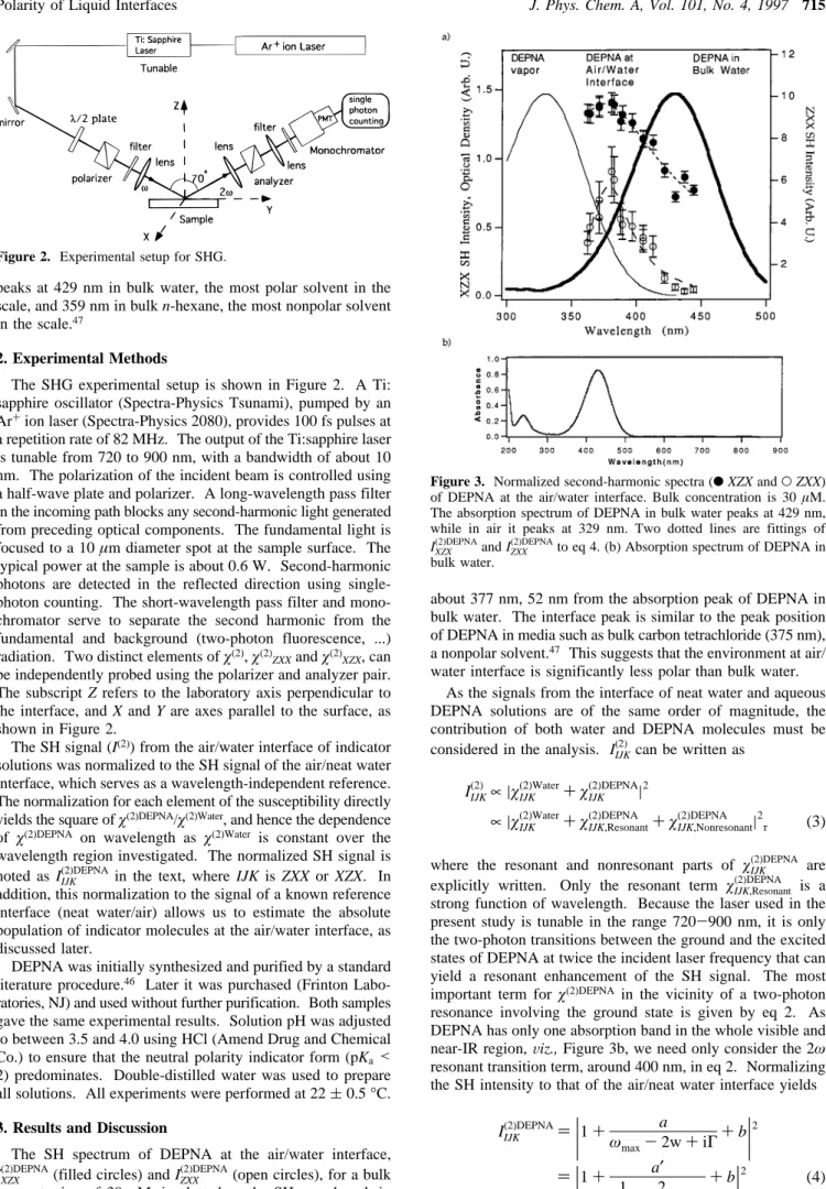 Figure 3. Normalized second-harmonic spectra (b XZX and O ZXX) of DEPNA at the air/water interface