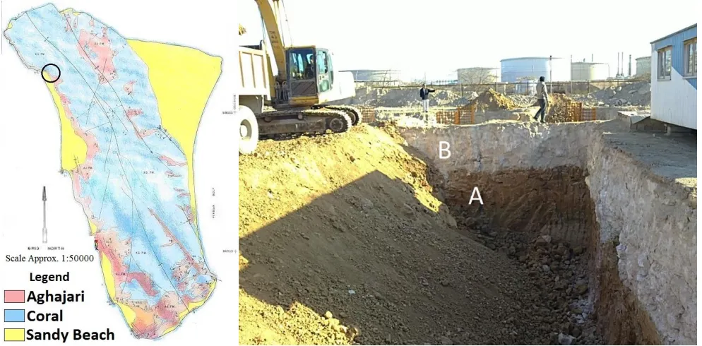 Figure 1.  Left) geological map of Kharg Island. Circle shows the location where the experimental soils were collected
