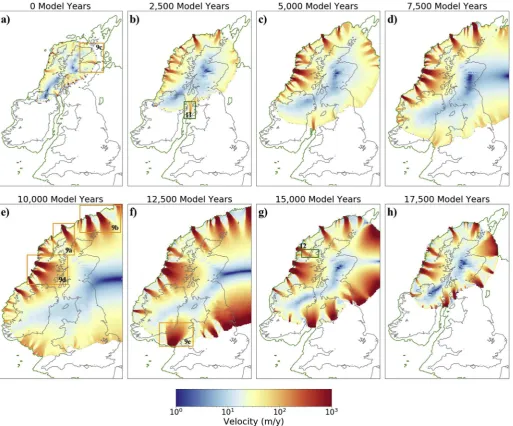 Fig. 5. Ice velocity at 2,500 model year intervals during the ADVANCE (aee) and RETREAT (feh) experiments