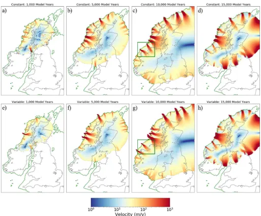 Fig. 7. Ice velocity at 5,000 year intervals for the ADVANCE and RETREAT experiments with a spatially uniform geothermal heat ﬂux (aed), and a spatially varied geothermal heat ﬂux(eeh)