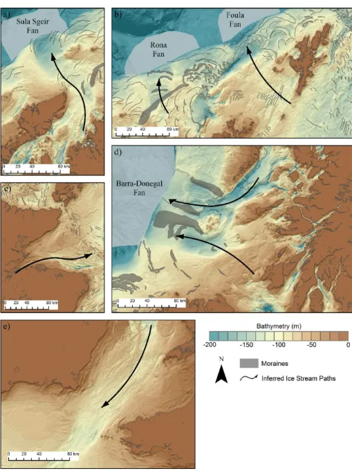 Fig. 9. Bathymetry and geomorphological landforms of ﬁve empirically well constrained ice streams, a) The Minch Ice Stream, b) The Foula and Rona Ice Streams, c) The Moray FirthIce Stream, d) The Barra Fan Ice Streams, and e) the Irish Sea Ice Stream.