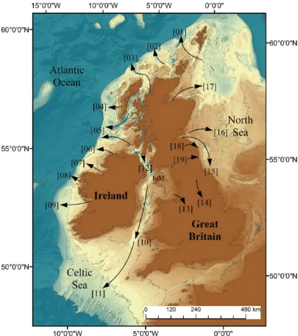 Fig. 1. The location of BIIS palaeo ice streams. IoM ¼ Isle of Man. Grey contours show contemporary bathymetry from �240 m in 40 m intervals.