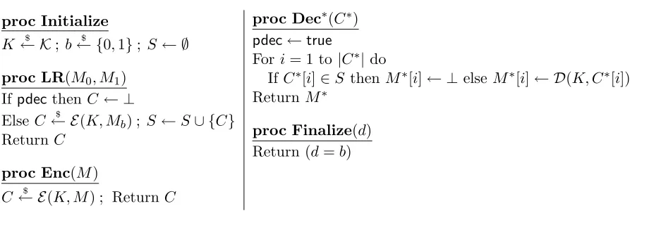 Figure 3: Game IND-CPASE (left) and Game IND-CCASE (right) where SE = (K, E, D).