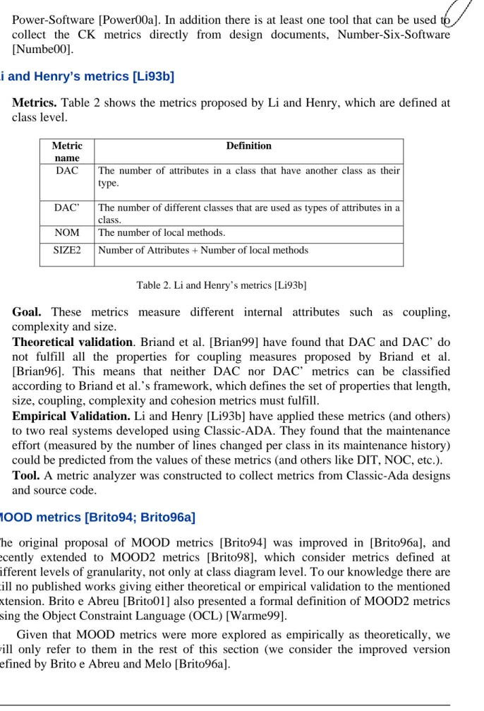 Table 2. Li and Henry’s metrics [Li93b] 