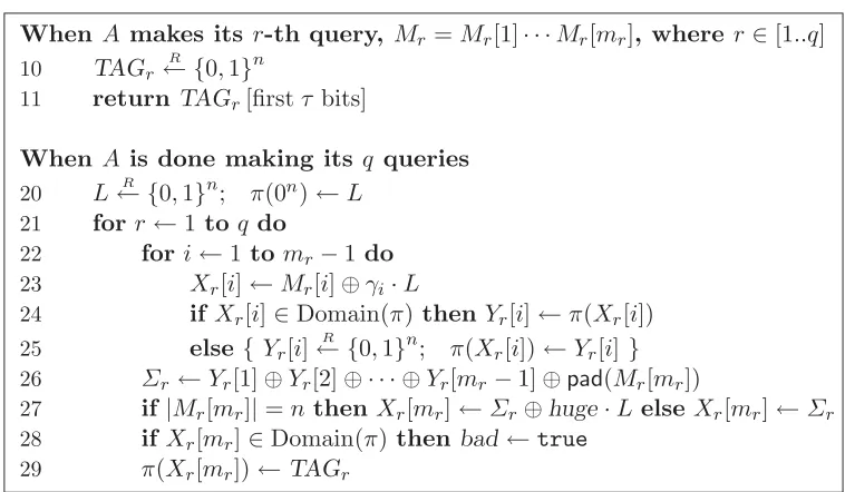 Figure 6: Game 2. A simpliﬁcation of Game 1. Bounding the probability that bad gets set in this game,and then adding a correction factor, serves to bound AdvprfPMAC[Perm(n),τ].