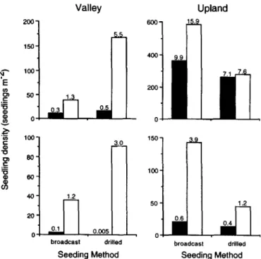 Fig.  1.  June  (top)  and  August  (bottom)  blue  grama  seedling  densities  at  the  valley  and  upland  sites  in  2  seeding  methods  in  unsprayed  (shaded)  and  sprayed  (open)  plots
