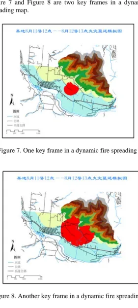 Figure 7 and Figure 8 are two key frames in a dynamic fire  spreading map. 