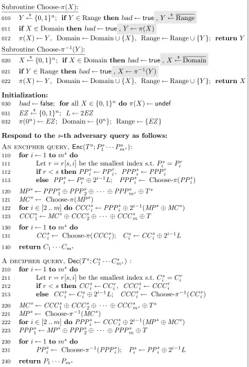 Figure 5: Game EME1 describes the attack of A on EME[Perm(n)], where the permutation π is chosen “on theﬂy” as needed