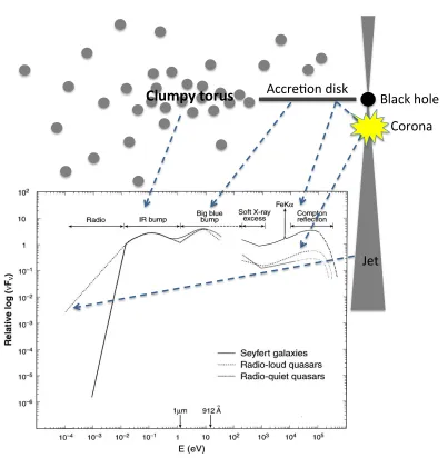 Figure 1.2: AGN spectral energy distribution from radio to X-ray. The subplot showingAGN continuum is adapted from Koratkar & Blaes (1999).
