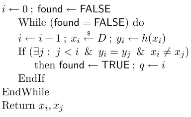 Figure 4: Extended birthday attack on a hash function hcollision is found. The number of trials: D → R