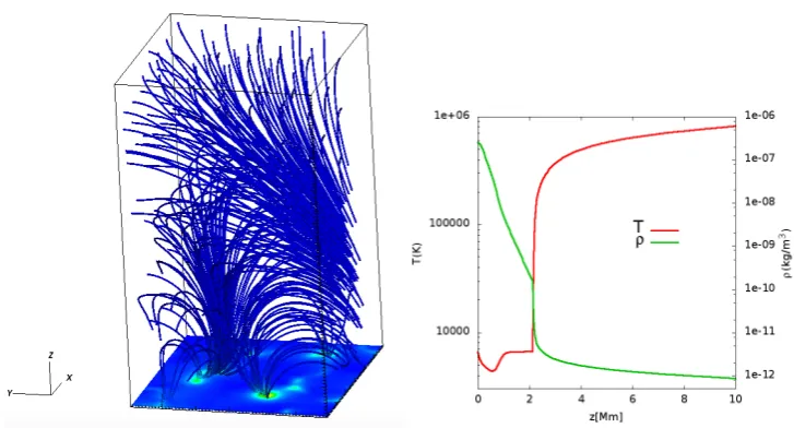Figure 1. (Left) Magnetic ﬁeld lines in the 3D domain at initial time. (Right) Temperature and mass density as a function of height z for the C7 equilibriumsolar atmosphere model.
