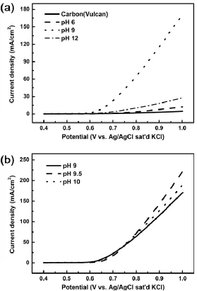 Figure 3.  Anodic polarization curves of Co(OH)2-Mg(OH)2/C catalysts for oxygen evolution reaction; catalysts were prepared under different pH conditions: (a) pH 6, 9, 12 and (b) 9, 9.5, 10; data acquired in N2-saturated 1 M KOH at scan rate of 20 mV/s