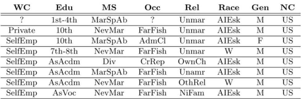 Table II. An example of a small cluster representing a distinct social group. The attributes of the table are as follows: WC: Workclass, Edu: Education, MS: Mar-status, Occ: Occupation, Rel:  Re-lationship, Race: Race, Gen: Gender, and NC: Nat-country