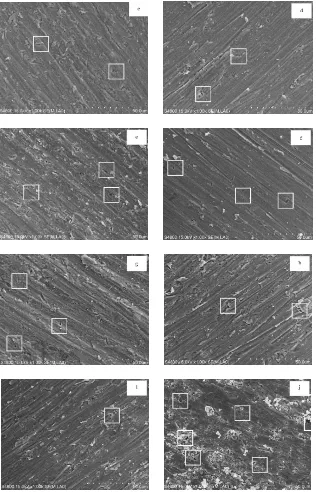 Figure 8. The SEM photos of each specimen of electrochemical corrosion: (a) sample 1; (b) sample 2; (c) sample 3; (d) sample 4; (e) sample 5; (f) sample 6; (g) sample 7; (h) sample 8; (i) sample 9 and (j) Base metal