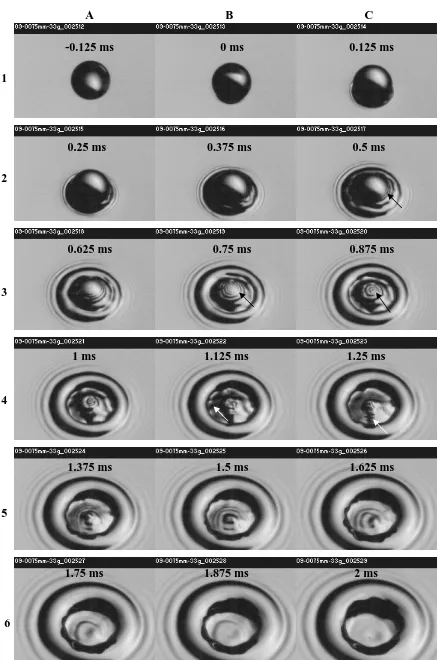 Figure  3.8 Down cavity image sequence for a drop falling in the primary vortex ring regime at 8000 FPS (Estimated parameters We = 60, Fr = 106, Re = 2684, tc = 1.41) 1 mm