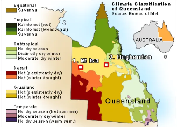 Figure 2. Locations of study areas on QLD Climatic Zone map (data source: Climatemap  2010) 