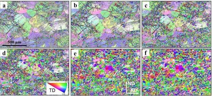 Figure 3 (a) EBSD IPF maps of cold-rolled sample only showing recrystallised at annealing intervals of (a) 385s, (b) 655s, (c) 1030s, (d) 