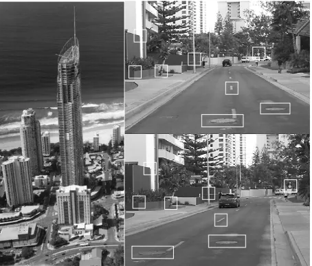 Figure 1: Overall oblique view of the city environment showing the area included in this study (left) and (right-above and below) are respectively two images of the same street depicting common objects