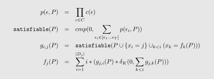 Figure 2: Arithmetic circuit DisCSP1 for a CSP Pvector of vectors = (X, D, C). The result is the {{δK(fi, j)}j∈[1..|Di|]}i∈[1..m]
