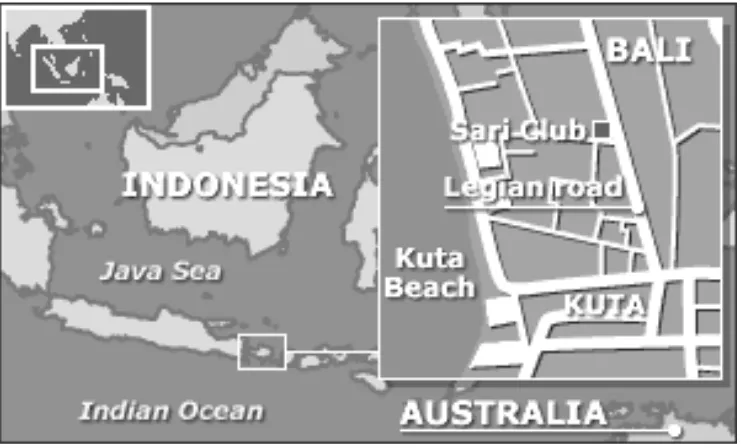 Figure 6.2 Location of the terrorist attacks in Kuta, Bali, 12 October 2002 Source: Bali SOS, 2002 