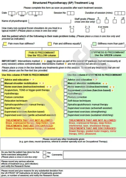 Figure 6. Structured (stand-alone) physiotherapy log sheet  