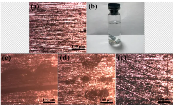 Figure 4. Micrographs of new polished the Zn electrode (a) the polished of Zn electrode in the electrolyte (b) Zn electrode for 30d in the three different electrolyte: (c) ZnSO4 + (NH4)2SO4, (d) (NH4)2SO4+ ZnSO4 + (CH3COO)2Pb, (e) ZnCl2 + NH4Cl