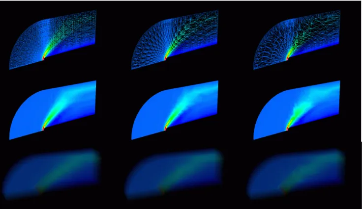 Figure  7:  Three  macroLoDs  of  the  1,499,160 elements  blunt-finn  dataset.  The  rows  show  progressive  simplification  as  a  result  of  TetFusion