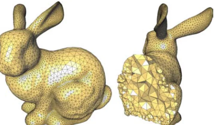 Figure 3: Stanford bunny: meshing the interior of the bunny with adapted tets (smaller near the boundary, larger inside, and smooth gradation (K = 1) in between)