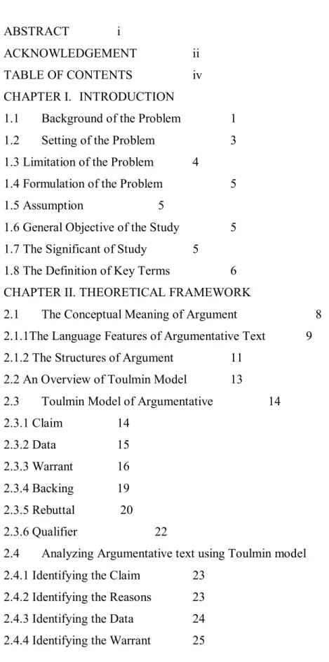 TABLE OF CONTENTS  ABSTRACT  i  ACKNOWLEDGEMENT  ii  TABLE OF CONTENTS  iv  CHAPTER I.  INTRODUCTION  1.1  Background of the Problem  1  1.2  Setting of the Problem  3  1.3 Limitation of the Problem  4  1.4 Formulation of the Problem  5  1.5 Assumption  5 