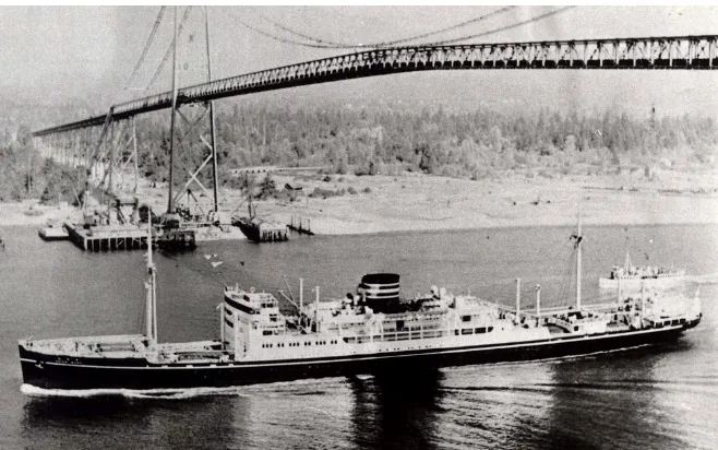 Figure 5.11: Heian Maru was drafted from NYK line, shown here passing under the  Lions Gate Bridge, Vancouver in 1930 (Source, Captain Nozaki, NYK Museum)