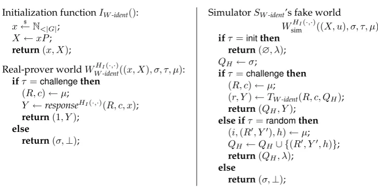Figure 3.8: Real-prover and simulator for zero-knowledge of W-ident