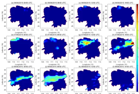 Figure 11. Map of the correlation coefﬁcient between precipitationand PWV for the heavy rainfall process of 6–8 June 2015 over theHunan Province
