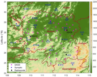 Figure 1. Geographic distribution of GNSS, synoptic and radiosonde stations in Hunan and surrounding provinces.