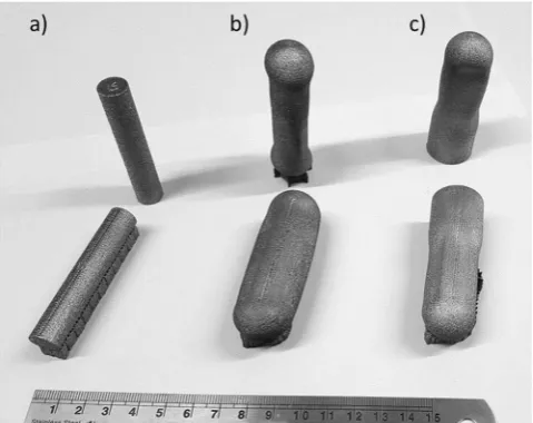 Figure 2. Photograph of samples following HIPing, with alphabetical designations corresponding respectively to (a) EBM-H, (b) EBS-H, and (c) EBS/EBM-H.