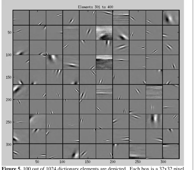 Figure 5. 100 out of 1024 dictionary elements are depicted.  Each box is a 32x32 pixel  image of the receptive field of a given neuron in the population