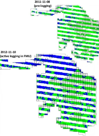 Fig. 10. Logged (blue) and unlogged (green) predictionsat the Jari study site using a Random Forest modeltrained from early Landsat inputs